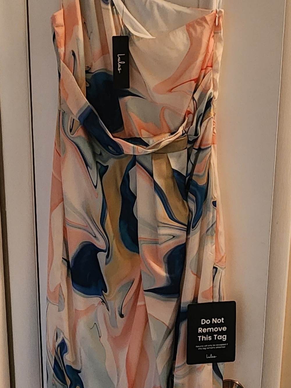 Lulu's One-Shoulder Marble Print Midi Dress in Coral, Blue, Cream - Picture 2 of 7